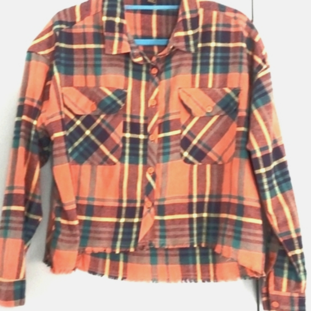 Taxi Plaid Orange, Green Stripe Cropped frayed Flannel Button down Shirt Sz L